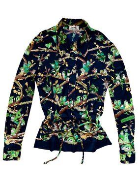 VINTAGE HERMÈS PARIS NAVY GREEN PRINTED BLOUSE
